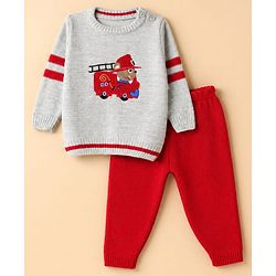 Babyhug Knit Full Sleeves Sweater Set with Firefighter Bear Design - Grey Red