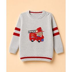 Babyhug Knit Full Sleeves Sweater Set with Firefighter Bear Design - Grey Red