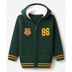 Babyhug Knit Full Sleeves Front open Hooded Sweater with Soccer Patch - Green