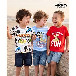 Babyhug Disney Cotton Knit T-Shirts with Mickey Mouse and Friends Graphics Half Sleeves Round Neck Multi Color 3-6 Months Pack of 3