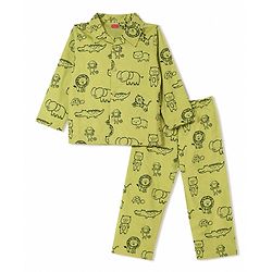 Babyhug 100% Cotton Knit Full Sleeves Animals Printed Co-Ords Shirt & Pajama Night Suit - Green