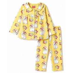 Babyhug 100% Cotton Knit Full Sleeves Bunny & Floral Printed Co-Ords Top & Pyjama Night Suit - Yellow