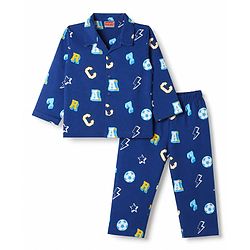 Babyhug 100% Cotton Knit Full Sleeves Alphabets Printed Co-Ords Shirt & Pyjama Night Suit - Navy Blue