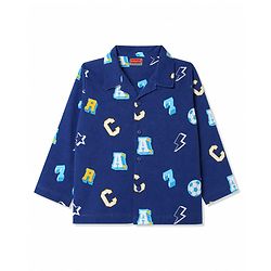 Babyhug 100% Cotton Knit Full Sleeves Alphabets Printed Co-Ords Shirt & Pyjama Night Suit - Navy Blue