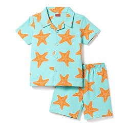 Babyhug 100% Cotton Knit Half Sleeves Co-Ords Star Printed Shirt & Shorts NIght Suit - Sea Green