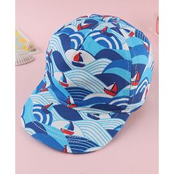 Babyhug Twill 100% Cotton Woven Baseball Cap With Ship Print Blue - Diameter 21 cm