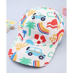 Babyhug Twill 100% Cotton Woven Baseball Cap With Vehicle Print White - Diameter 13.5 cm