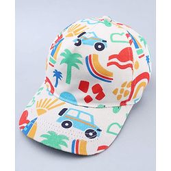 Babyhug Twill 100% Cotton Woven Baseball Cap With Vehicle Print White - Diameter 13.5 cm