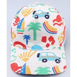 Babyhug Twill 100% Cotton Woven Baseball Cap With Vehicle Print White - Diameter 13.5 cm