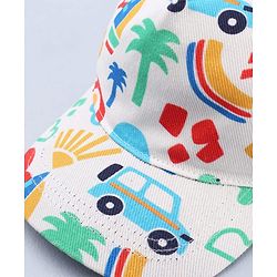 Babyhug Twill 100% Cotton Woven Baseball Cap With Vehicle Print White - Diameter 13.5 cm