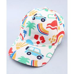 Babyhug Twill 100% Cotton Woven Baseball Cap With Vehicle Print White - Diameter 13.5 cm