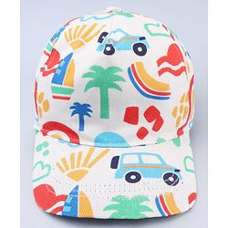 Babyhug Twill 100% Cotton Woven Baseball Cap With Vehicle Print White - Diameter 13.5 cm