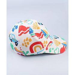 Babyhug Twill 100% Cotton Woven Baseball Cap With Vehicle Print White - Diameter 13.5 cm