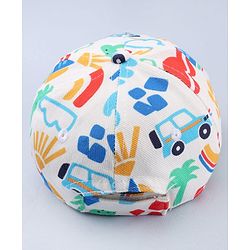 Babyhug Twill 100% Cotton Woven Baseball Cap With Vehicle Print White - Diameter 13.5 cm