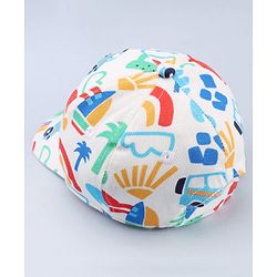 Babyhug Twill 100% Cotton Woven Baseball Cap With Vehicle Print White - Diameter 13.5 cm