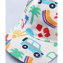 Babyhug Twill 100% Cotton Woven Baseball Cap With Vehicle Print White - Diameter 13.5 cm