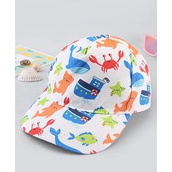 Babyhug Twill 100% Cotton Woven Baseball Cap With Sea Life Print Multicolor - Diameter 19.5 cm