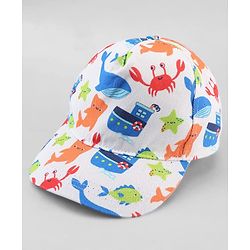 Babyhug Twill 100% Cotton Woven Baseball Cap With Sea Life Print Multicolor - Diameter 19.5 cm