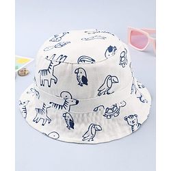 Babyhug Twill Woven Bucket Cap With Animal Print White - Diameter 20.5 cm