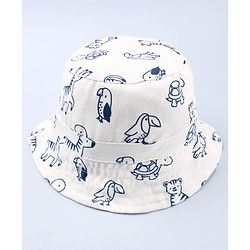 Babyhug Twill Woven Bucket Cap With Animal Print White - Diameter 20.5 cm