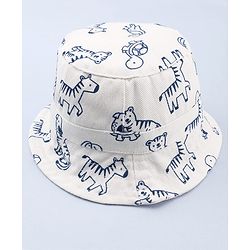 Babyhug Twill Woven Bucket Cap With Animal Print White - Diameter 20.5 cm