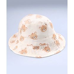 Babyhug Twill Woven Bucket Hat with Teddy Print Cream - Diameter 16 cm