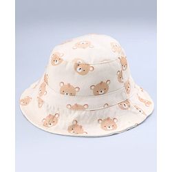 Babyhug Twill Woven Bucket Hat with Teddy Print Cream - Diameter 16 cm