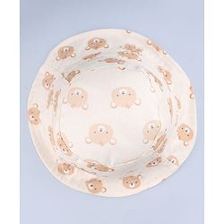 Babyhug Twill Woven Bucket Hat with Teddy Print Cream - Diameter 16 cm