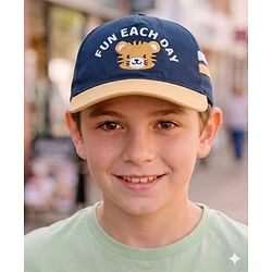 Babyhug Twill 100% Cotton Woven Baseball Cap With Text & Animal Embroidery Navy Blue - Diameter 14.5 cm