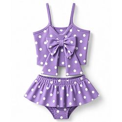 Babyhug Water Repellant Sleeveless Two Piece Swimsuit With Polka Dot & Bow Applique - Lavender