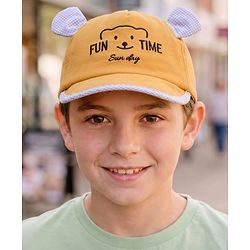 Babyhug Cotton Woven Summer Cap with Ear Text & Bear Embroidery Mustard - Diameter 15 cm