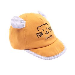 Babyhug Cotton Woven Summer Cap with Ear Text & Bear Embroidery Mustard - Diameter 15 cm