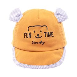 Babyhug Cotton Woven Summer Cap with Ear Text & Bear Embroidery Mustard - Diameter 15 cm