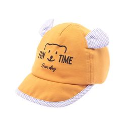 Babyhug Cotton Woven Summer Cap with Ear Text & Bear Embroidery Mustard - Diameter 15 cm