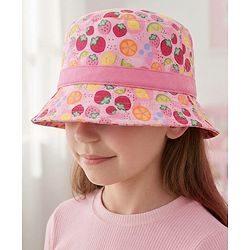 Babyhug Cotton Woven Bucket Hat With Fruit Print Pink - Diameter 14.5 cm
