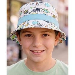 Babyhug Cotton Woven Bucket Hat With Space Theme Print Multicolor - Diameter 14.5 cm