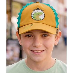 Babyhug Cotton Woven Summer Cap With Smile Crocodile Print Mustard  - Diameter 15.5 cm