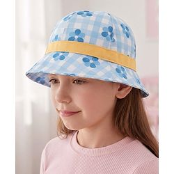 Babyhug Cotton Woven Bucket Hat Checks With Floral Print Blue - Diameter 15 cm