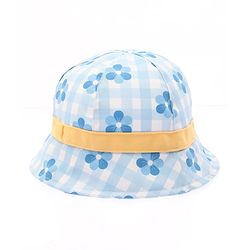 Babyhug Cotton Woven Bucket Hat Checks With Floral Print Blue - Diameter 15 cm