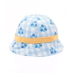 Babyhug Cotton Woven Bucket Hat Checks With Floral Print Blue - Diameter 15 cm