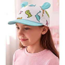 Babyhug Poly Blend Woven Summer Cap With Dino Print & Ear Applique White - Diameter 14.5 cm