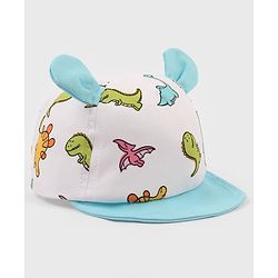 Babyhug Poly Blend Woven Summer Cap With Dino Print & Ear Applique White - Diameter 14.5 cm