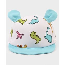 Babyhug Poly Blend Woven Summer Cap With Dino Print & Ear Applique White - Diameter 14.5 cm
