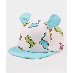 Babyhug Poly Blend Woven Summer Cap With Dino Print & Ear Applique White - Diameter 14.5 cm