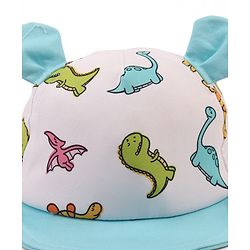 Babyhug Poly Blend Woven Summer Cap With Dino Print & Ear Applique White - Diameter 14.5 cm