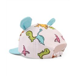 Babyhug Poly Blend Woven Summer Cap With Dino Print & Ear Applique White - Diameter 14.5 cm