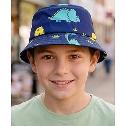 Babyhug Poly Blend Woven Bucket Hat With Dino Print Blue - Diameter 14.5 cm