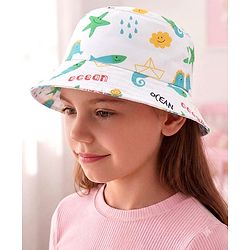 Babyhug Poly Blend Woven Bucket Hat With Ocean Animal Print White - Diameter 15.5 cm