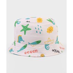 Babyhug Poly Blend Woven Bucket Hat With Ocean Animal Print White - Diameter 15.5 cm