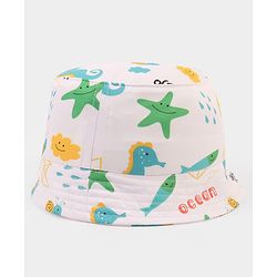 Babyhug Poly Blend Woven Bucket Hat With Ocean Animal Print White - Diameter 15.5 cm